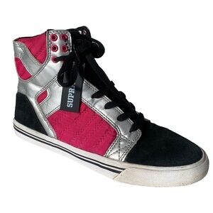 Supra Muska 001 High Top Skater Shoe Sneaker Leather Suede Pink Silver Black 9